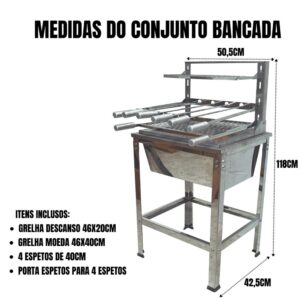 KIT BRASEIRO 63CM + SUPORTE FLUTUANTE + GRELHA MOEDA + 4 ESPETOS