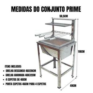 KIT PRIME BRASEIRO 63CM + SUPORTE FLUTUANTE + GRELA ARAMADA + 4 ESPETOS