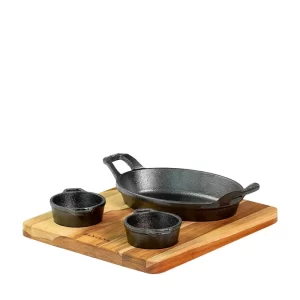 Assadeira de Ferro Fundido com Molheiras + Suporte de Madeira