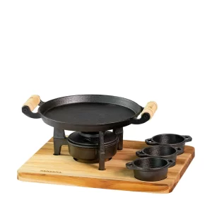 Fogareiro Tripé com Bifeteira Molheiras e Suporte de madeira