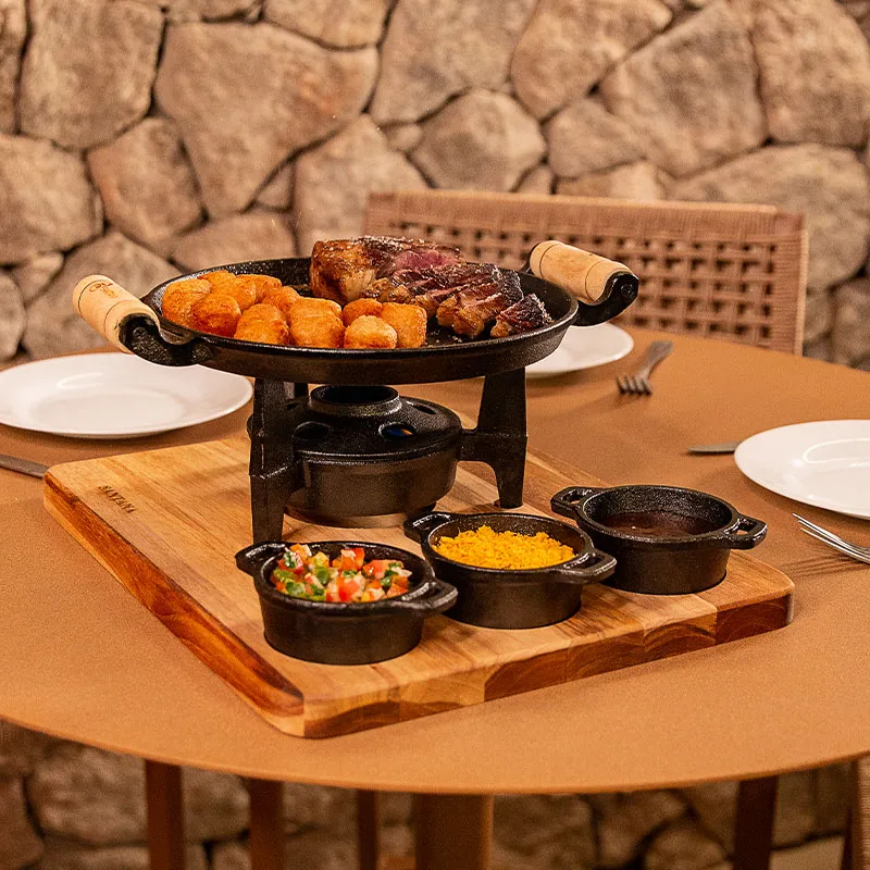 Fogareiro Tripé com Bifeteira Molheiras e Suporte de madeira - Imagem 7